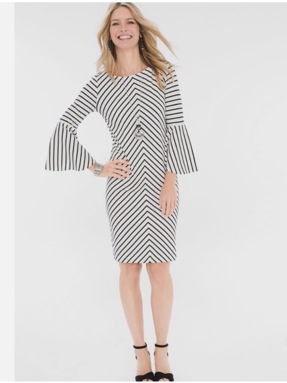Chico's Black & White Striped Flare-Sleeve Sheath Dress